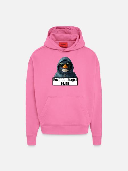 morsomt ordtak med pingvinen Becor du spør nei - Heavyweight Oversized Organic hettegenser produsert i EU - AURA PINK