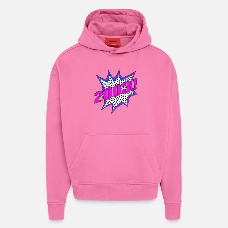 LETTRAGE 2003 POPART STYLE - ANNIVERSAIRE - Sweat à capuche bio épais oversize fabriqué en UE - AURA PINK