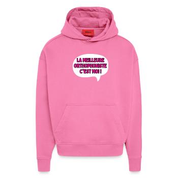 Geschenkidee für einen Logopäden - Hoodie- made by SPREAD  - AURA PINK - Vorne - Dylan (187cm)