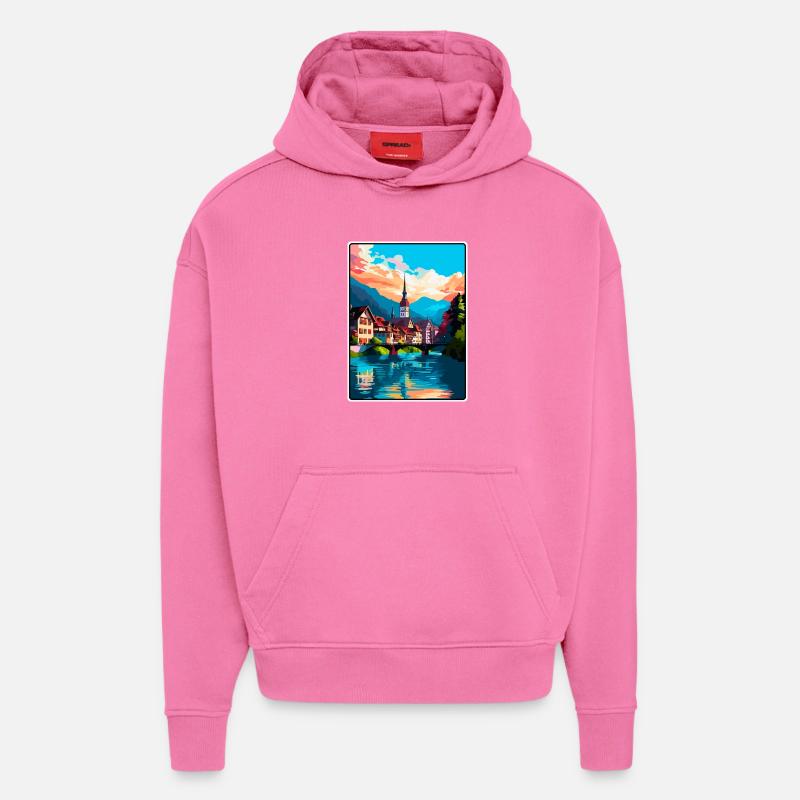 Thoune, Suisse, Alpine, Riverside, Townscape, Affiche - Sweat à capuche bio épais oversize fabriqué en UE - AURA PINK