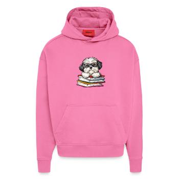 Mignon livre de lecture de chien havanais avec des lunettes - Sweat à capuche bio épais oversize fabriqué en UE - AURA PINK - Devant - Dylan (187cm)