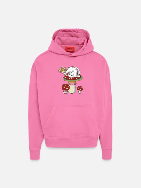 Cat doing yoga on big toadstool - Hoodie- made by SPREAD - AURA PINK