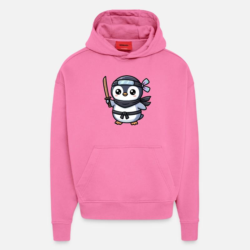 Pingouin Ninja avec Épée - Sweat à capuche bio épais oversize fabriqué en UE - AURA PINK