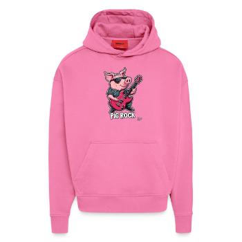 Gitarre spielendes Rock Schwein - Hoodie- made by SPREAD  - AURA PINK - Vorne - Dylan (187cm)