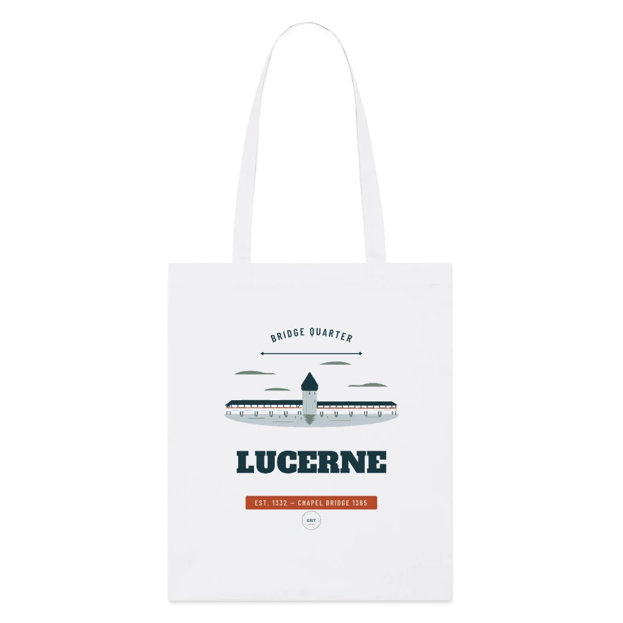 Lucerne badge on a stanley/stella organic tote bag, white