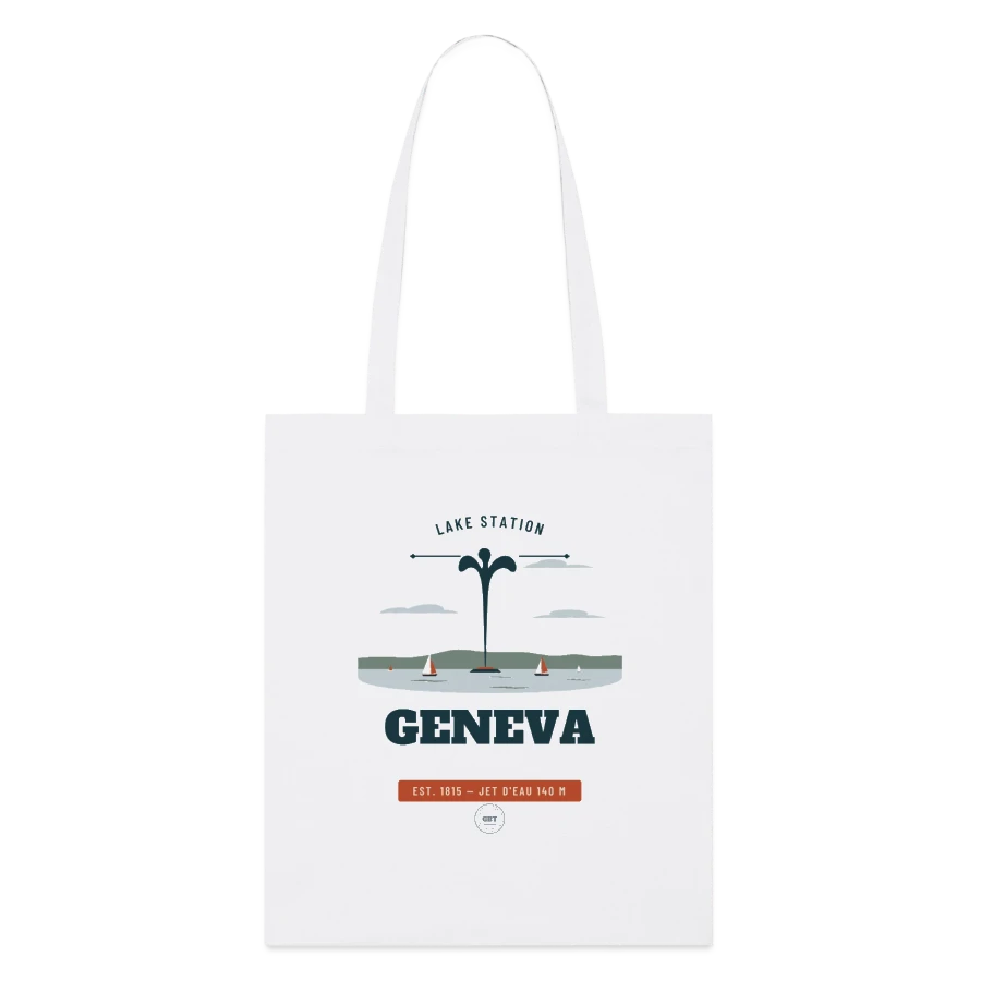 Geneva badge on a stanley/stella organic tote bag, white