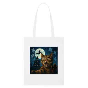 Halloween Cat Selfie with Scary House - Stanley/Stella Organic Tote Bag - white - Front