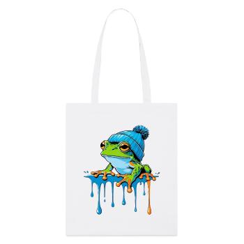 Frosch mit blauer Beanie - Stanley/Stella Bio-Stoffbeutel - Weiß - Vorne