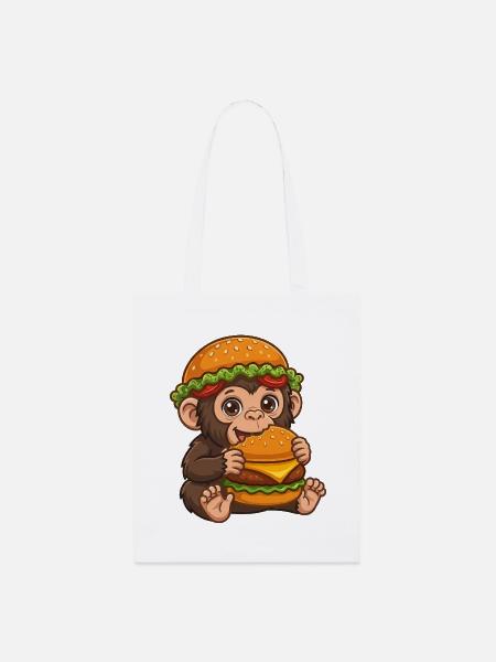 Süßer Affe mit Burger Cartoon Motiv - Stanley/Stella Bio-Stoffbeutel - Weiß