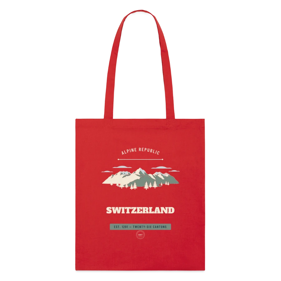 Switzerland badge on a stanley/stella organic tote bag, red