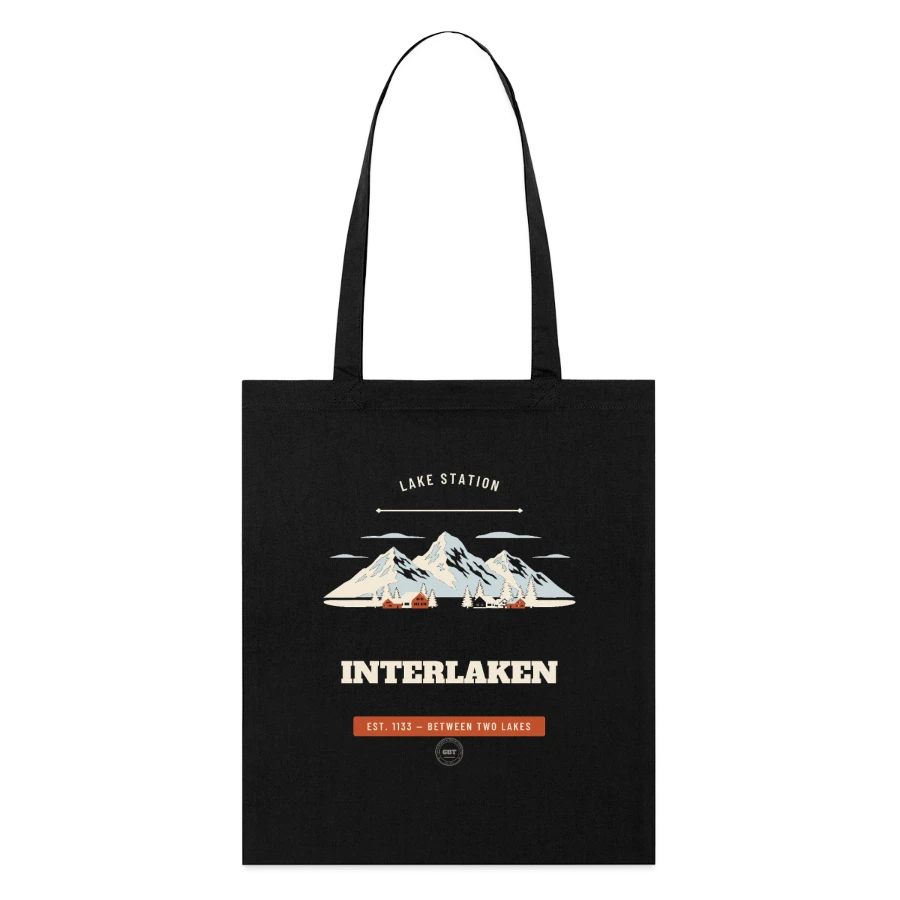 Interlaken badge on a stanley/stella organic tote bag, black