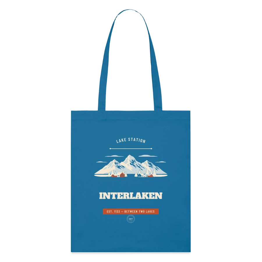 Interlaken badge on a stanley/stella organic tote bag, royal blue