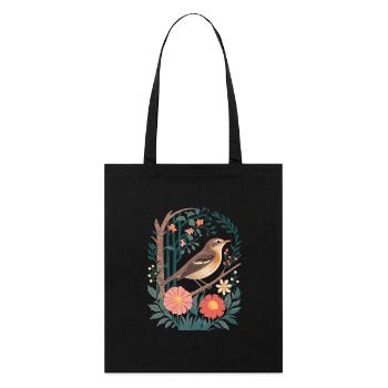 Cottagecore Forest Bird with Flowers and Twigs - Stanley/Stella Organic Tote Bag - black - Front