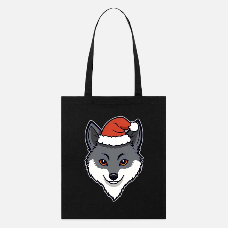 Weihnachtswolf Cartoon Kopf mit Mütze - Stanley/Stella Bio-Stoffbeutel - Schwarz