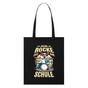 Schulkind Einschulung Katze Schlagzeug Rock Musik - Stanley/Stella Bio-Stoffbeutel - Schwarz - Vorne