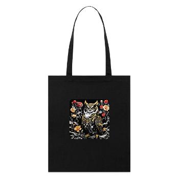 Hibou avec des vrilles de pétales de rose en aspect gravure sur bois - Tote bag bio Stanley/Stella - noir - Devant