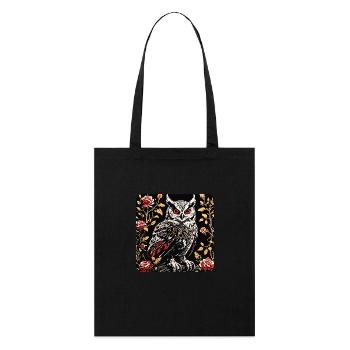 Hibou avec des vrilles de pétales de rose en aspect gravure sur bois - Tote bag bio Stanley/Stella - noir - Devant