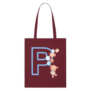 Blue Letter P Bear - Stanley/Stella Organic Tote Bag - burgundy - Front