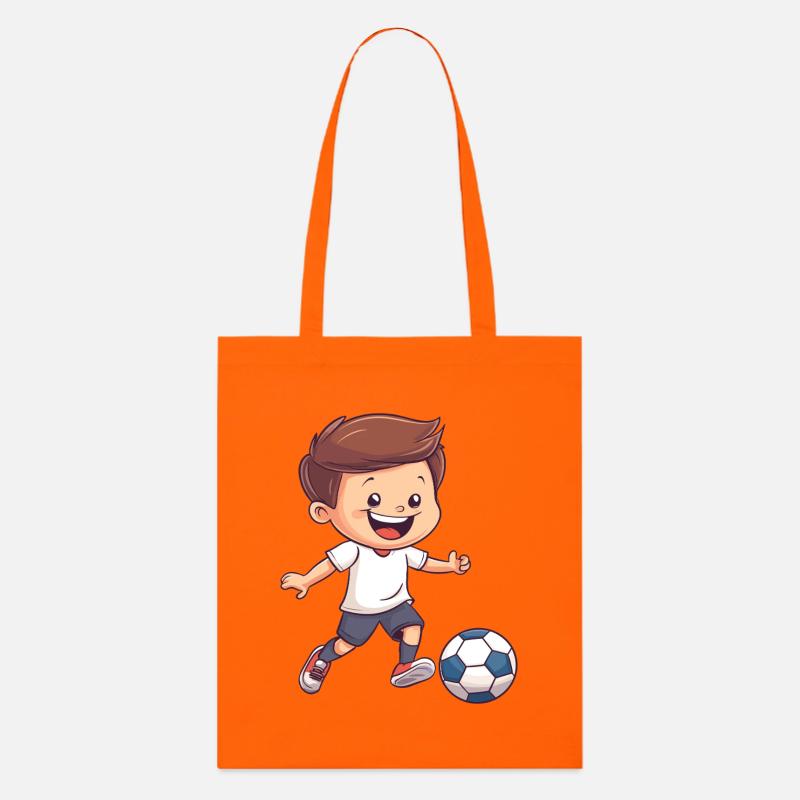 Kicker-Junior: Fröhlicher Junge Fußball - Stanley/Stella Bio-Stoffbeutel - Tieforange