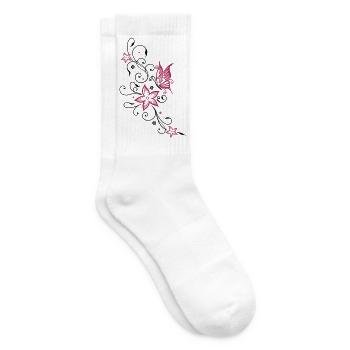 Flowers with filigree floral ornament, butterfly - Tennis socks - white - Right