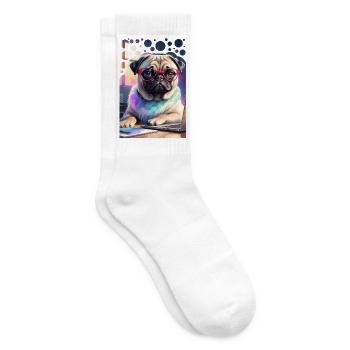 Bürohund Mops mit Laptop und pinker Brille Pop Art - Tennissocken - Weiß - Rechts