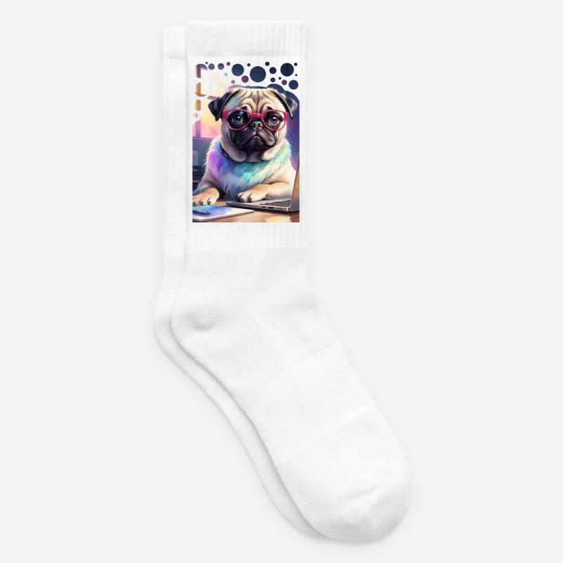 Bürohund Mops mit Laptop und pinker Brille Pop Art - Tennissocken - Weiß