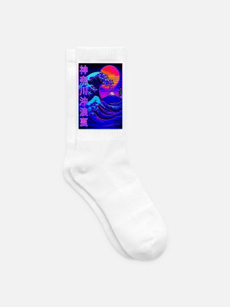 Große Welle Kanagawa Neon Stil - Vaporwave - Tennissocken - Weiß