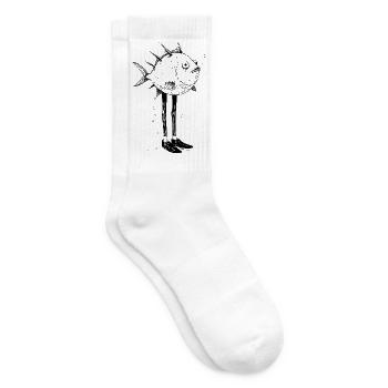 Lustiger Fisch mit Beinen Cartoon Motiv - Tennissocken - Weiß - Rechts