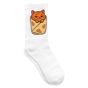 Orangefarbene getigerte Katze eingewickelt wie ein Burrito - Tennissocken - Weiß - Rechts