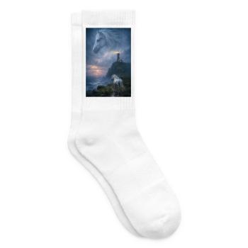 Weißes Pferd am Leuchtturm im Nebel - Tennissocken - Weiß - Rechts