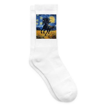 Horse Horses Rider Van Gogh Style Starry Night - Tennis socks - white - Right