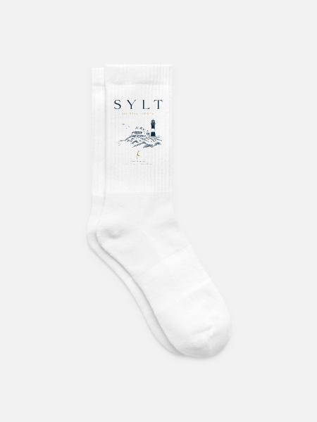 Sylt Nordsee Motiv – Leuchtturm & Dünen - Tennissocken - Weiß