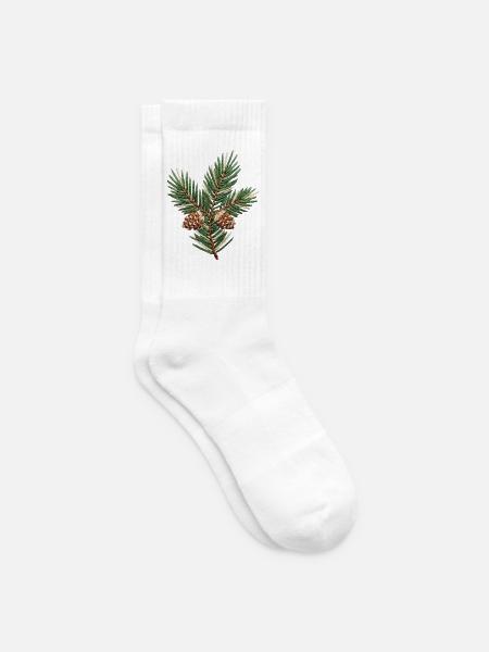 Bestickter Weihnachtszweig – dezent grün (gedruckt) - Tennissocken - Weiß
