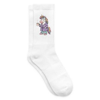 Müdes Einhorn mit Kaffee im Bademantel - Tennissocken - Weiß - Rechts