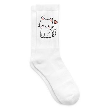 Cute White Kawaii Cat With Heart - Tennis socks - white - Right