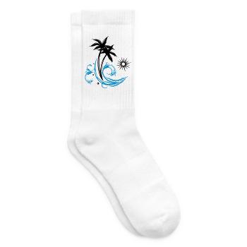 Palm trees with wave and sun, vacation, surf - Tennis socks - white - Right