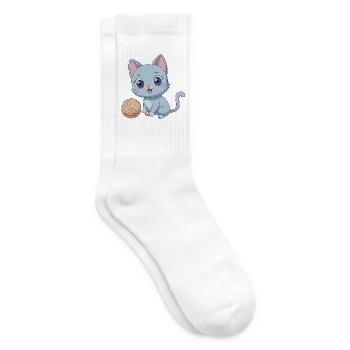 Verspieltes blaues Kätzchen mit Wollknäuel - Tennissocken - Weiß - Rechts