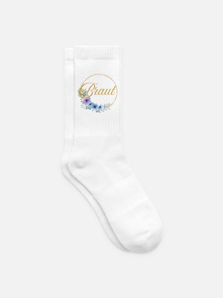 Team Braut! Kreis, Floral, Blau, Lila, Gold - Tennissocken - Weiß