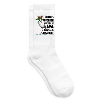 Frosch und Storch - Niemals Aufgeben - Spruch - Tennissocken - Weiß - Rechts