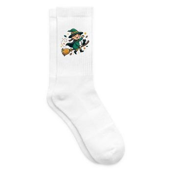 Süße Hexe, die auf einem Besen fliegt, mit schwarzer Katze - Tennissocken - Weiß - Rechts