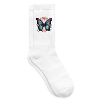 Blauer Schmetterling und Blumenblüten - Tennissocken - Weiß - Rechts