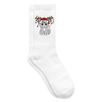 Weihnachtskatze mit Lichterkette - Tennissocken - Weiß - Rechts