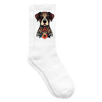 Ornament Hund Floral Muster verzierter Hundekopf - Tennissocken - Weiß - Rechts