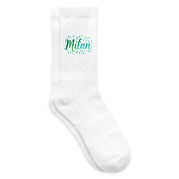 Name Milan Neon-Grün Schrift mit Tupfen - Aquarell - Tennissocken - Weiß - Rechts