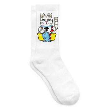 Glückskatze mit Fisch - Tennissocken - Weiß - Rechts
