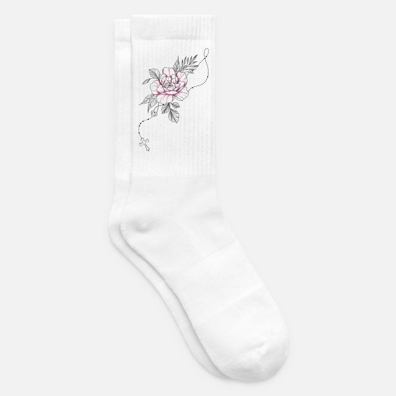 Dessin fleur rose chapelet croix et feuillage - Chaussettes de tennis - blanc