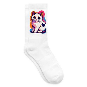Bunte Katze mit Herz-Akzent - Tennissocken - Weiß - Rechts