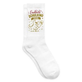 Endlich Schulkind 2026 Dino - Tennissocken - Weiß - Rechts
