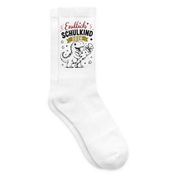 Endlich Schulkind 2026 Dino - Tennissocken - Weiß - Rechts