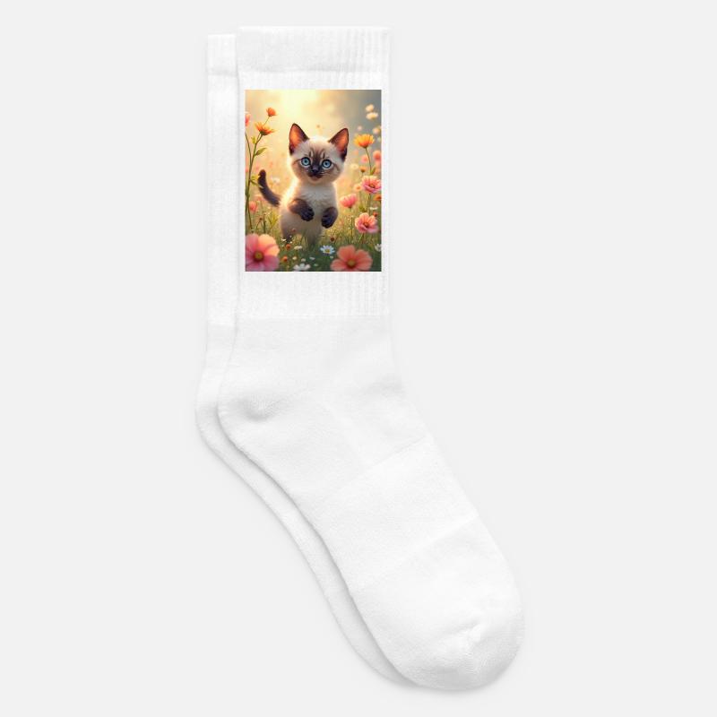 Süßes Siamkätzchen in einer Blumenwiese - Tennissocken - Weiß